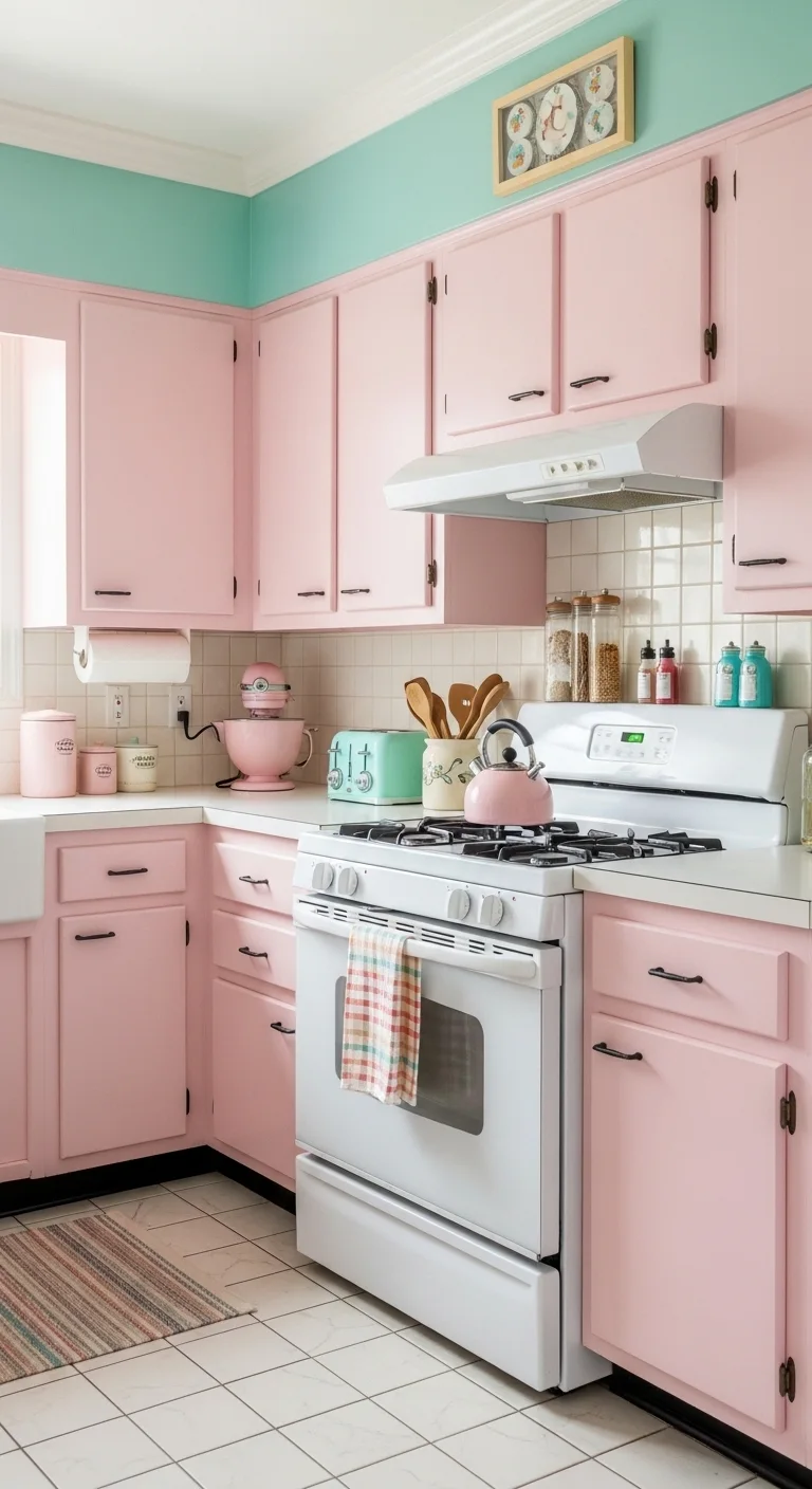 15 Retro Pink Kitchen Ideas for a Vintage Vibe 17 Mixed Retro Color Palette with Pink Dominance
