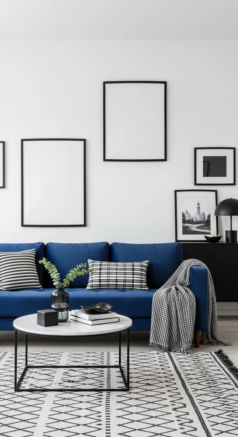 13 Stylish Blue Couch Living Room Ideas for a Pop of Color 13 Neutral Contrast Blue Couch Living Room with Black and White Accents
