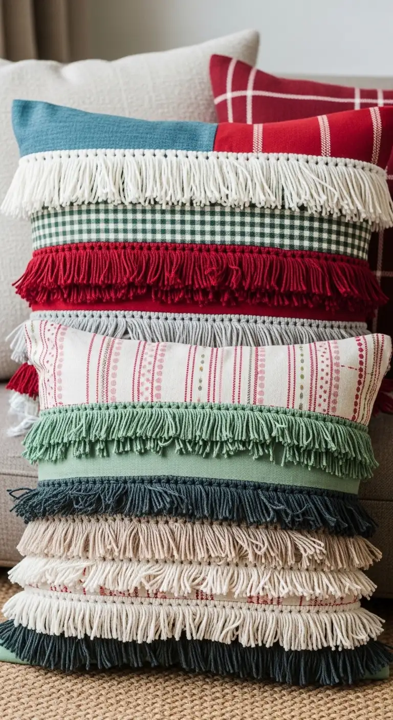 15 DIY Holiday Pillows to Add Festive Cheer 19 Patch Fringe DIY Holiday Pillows