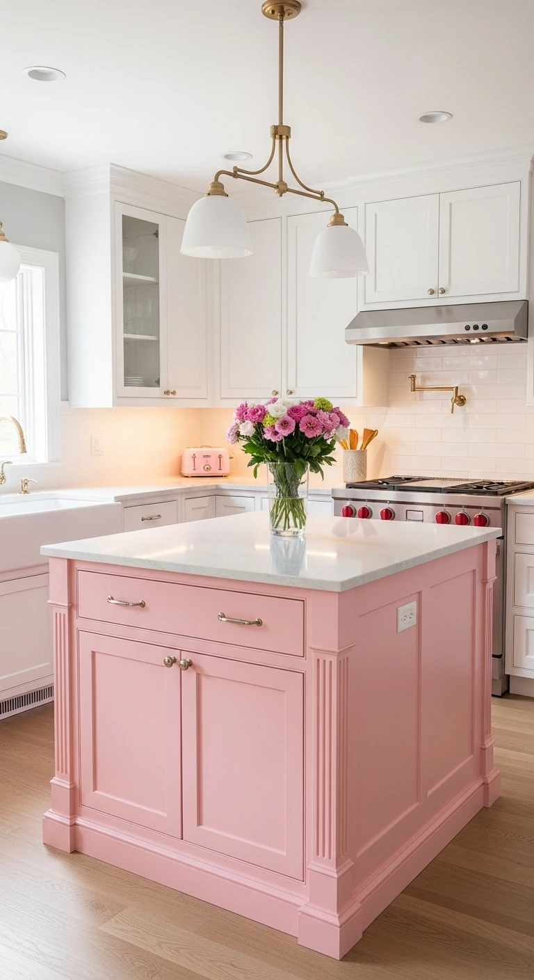 15 Retro Pink Kitchen Ideas for a Vintage Vibe 13 Retro Pink Kitchen Island Accent