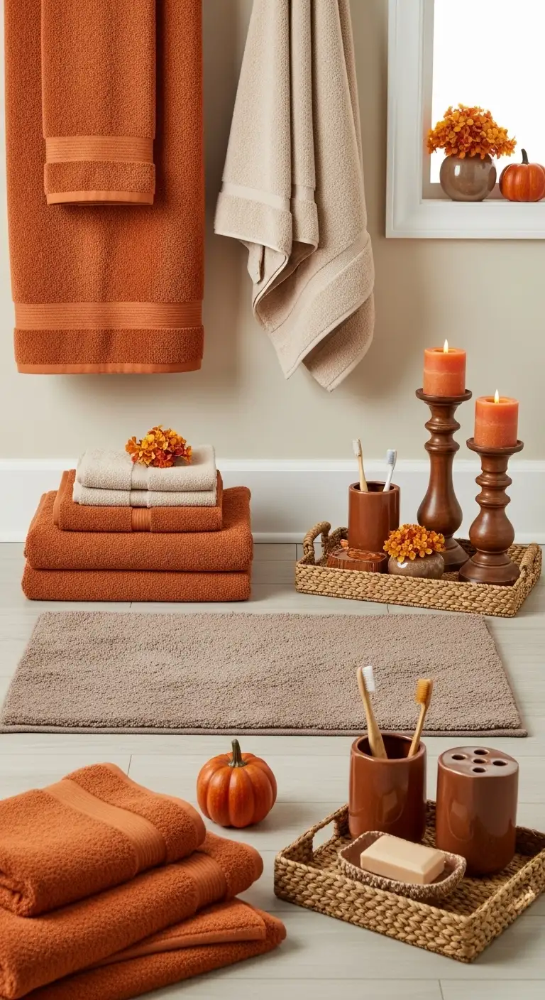 15 Cozy Fall Bathroom Decorating Ideas to Try 17 Rotate Towels, Mats, and Small Accessories Seasonally