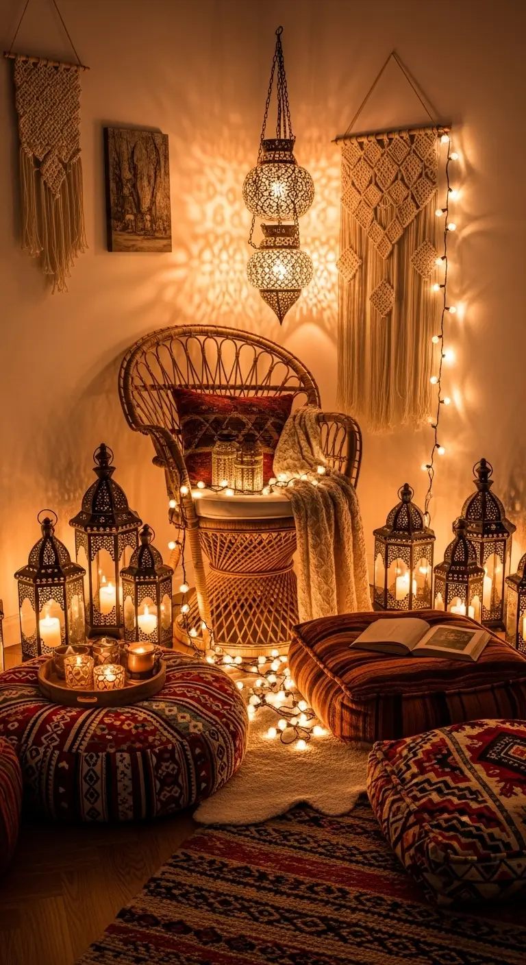 13 Cozy Boho Reading Nook Ideas for Book Lovers 12 Statement Lighting Nook