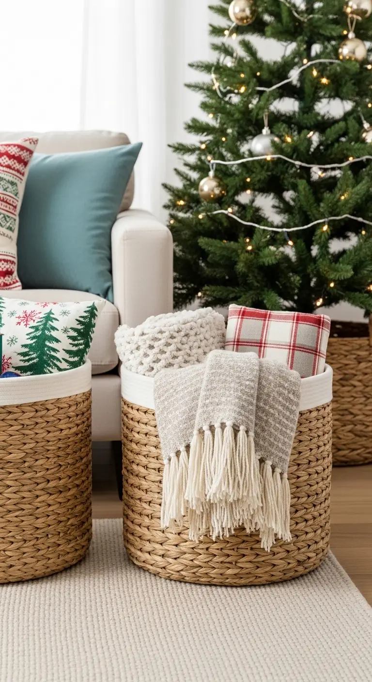 17 Stylish Christmas Living Room Decor Ideas to Try 16 Use Decorative Baskets