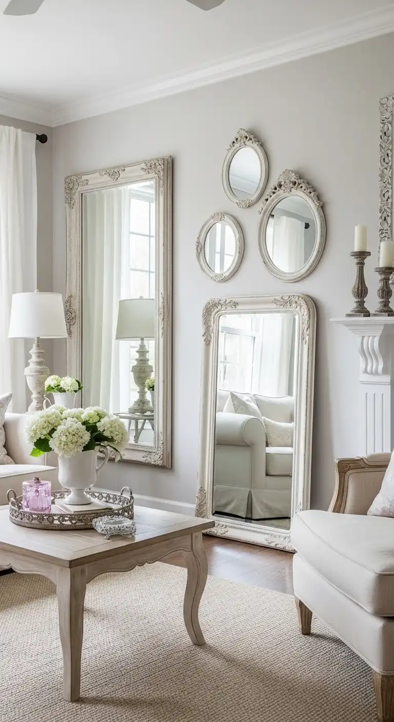 13 Charming Shabby Chic Living Room Ideas for a Cozy Space 12 Use Elegant Mirrors to Brighten the Space