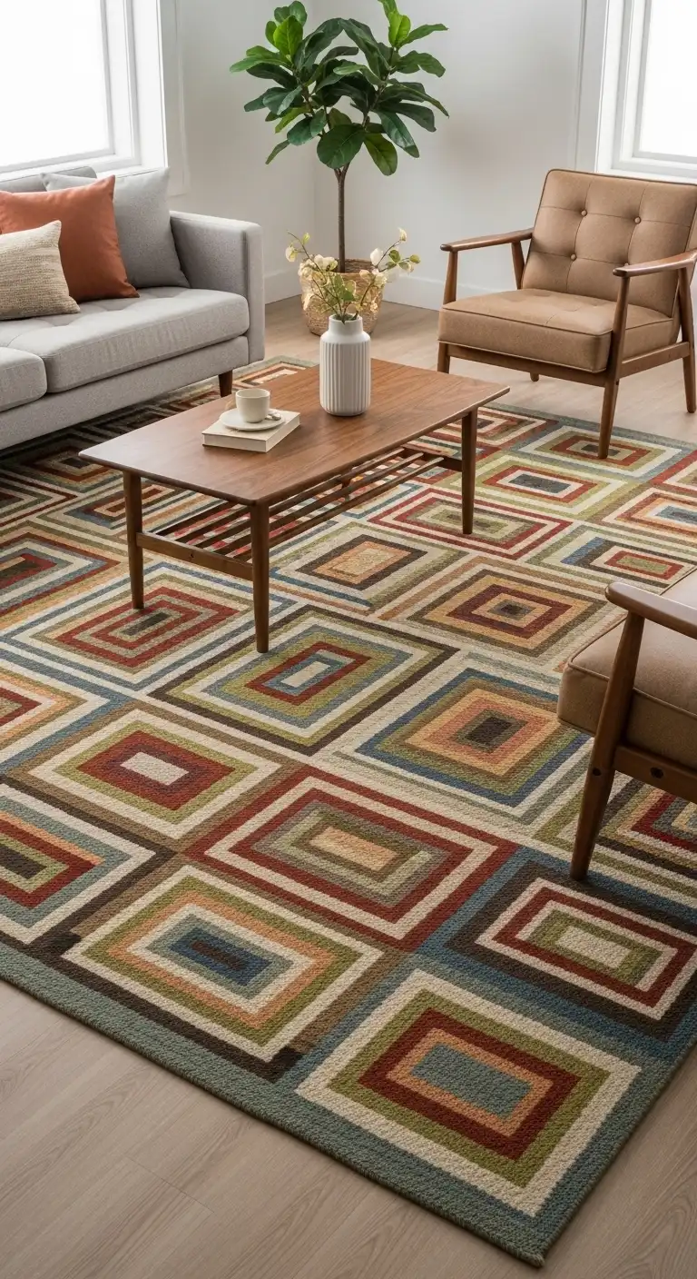 15 Elegant Midcentury Modern Living Room Ideas 11 Use Geometric Rugs to Anchor the Midcentury Modern Living Room