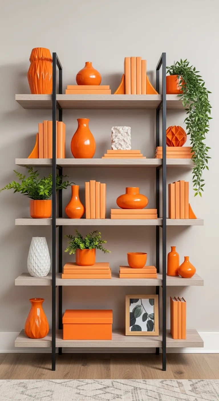 15 Bright and Stylish Orange Living Room Decor Ideas 16 Use Orange Decorative Shelving Displays