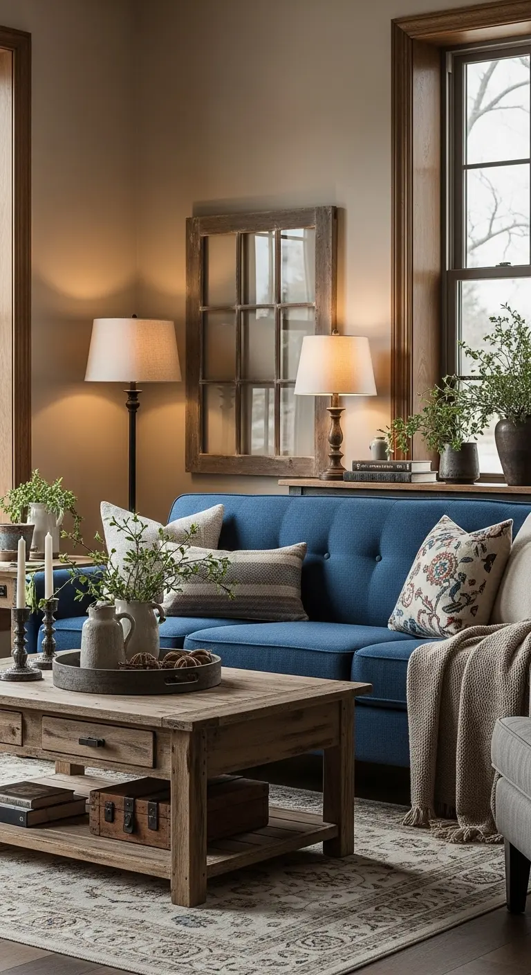 13 Stylish Blue Couch Living Room Ideas for a Pop of Color 14 Warm Rustic Blue Couch Living Room with Vintage Touches