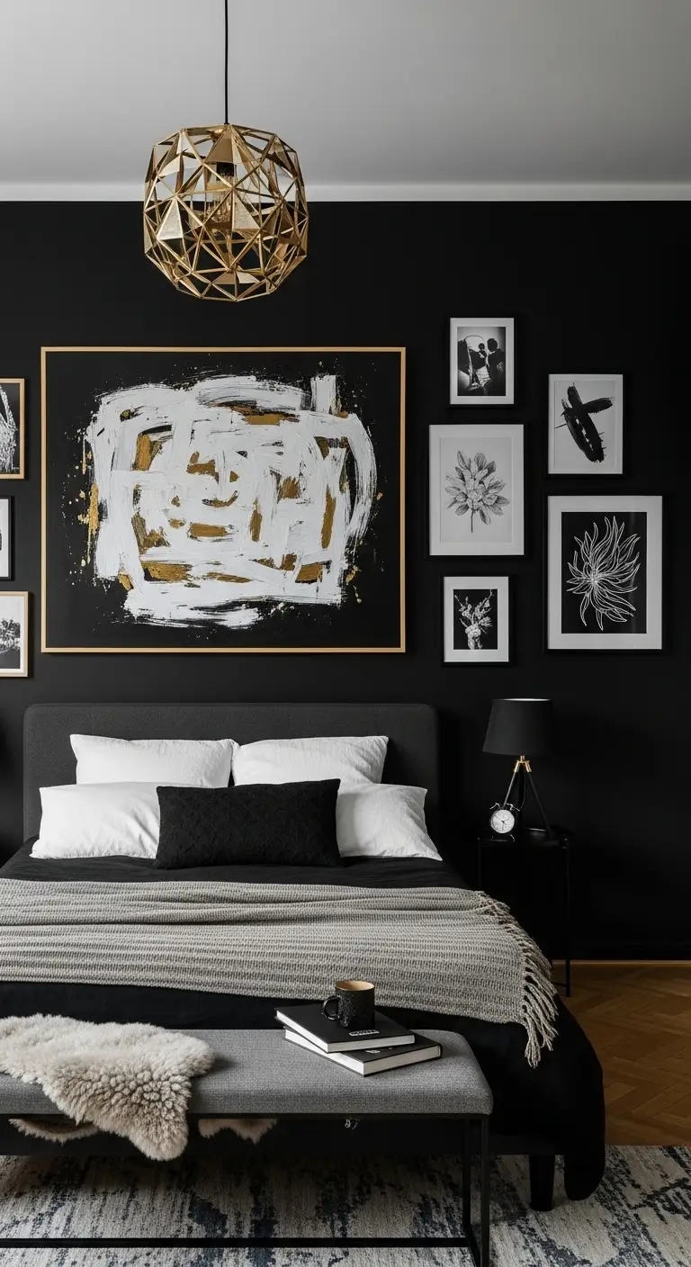 15 Bold and Stylish Black Bedroom Ideas 15 Create an Artistic Black Bedroom with Bold Wall Decor