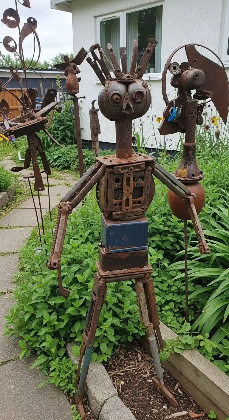 15 Funky Junk Decor Ideas for Upcycled Charm 17 Funky Junk Decor Garden Art from Scrap Materials