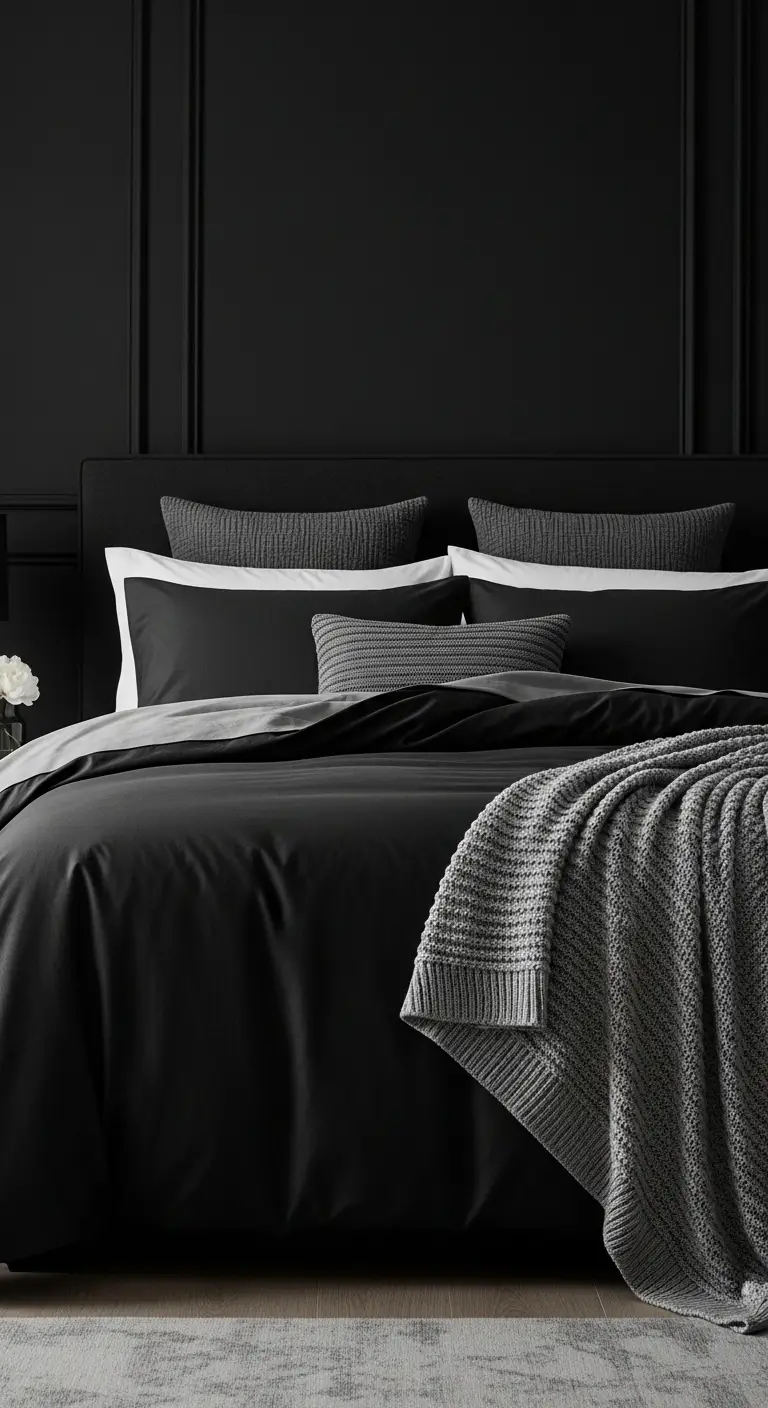 15 Bold and Stylish Black Bedroom Ideas 17 Go for a Luxurious Black Bedroom with Layered Bedding