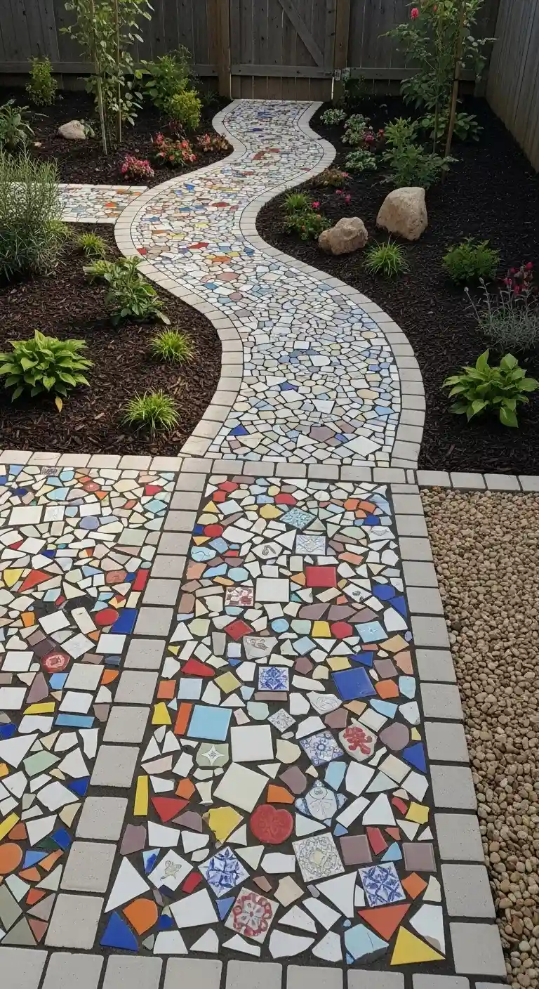 11 Stylish Backyard Walkway Ideas to Elevate Your Garden 9 Mosaic Tile Path