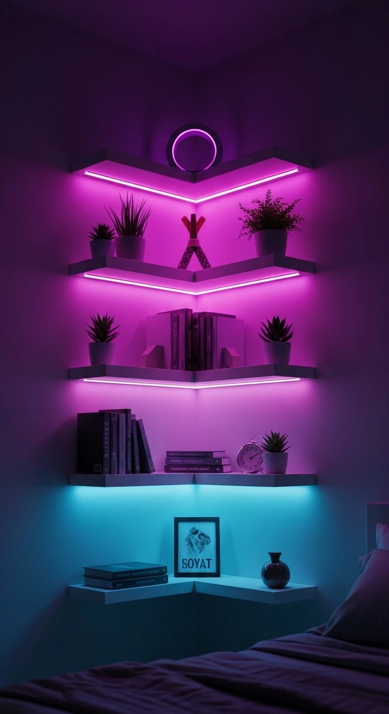 15 Trendy Neon Bedroom Ideas for a Bold Look 13 Neon Shelving Accents to Brighten Corners