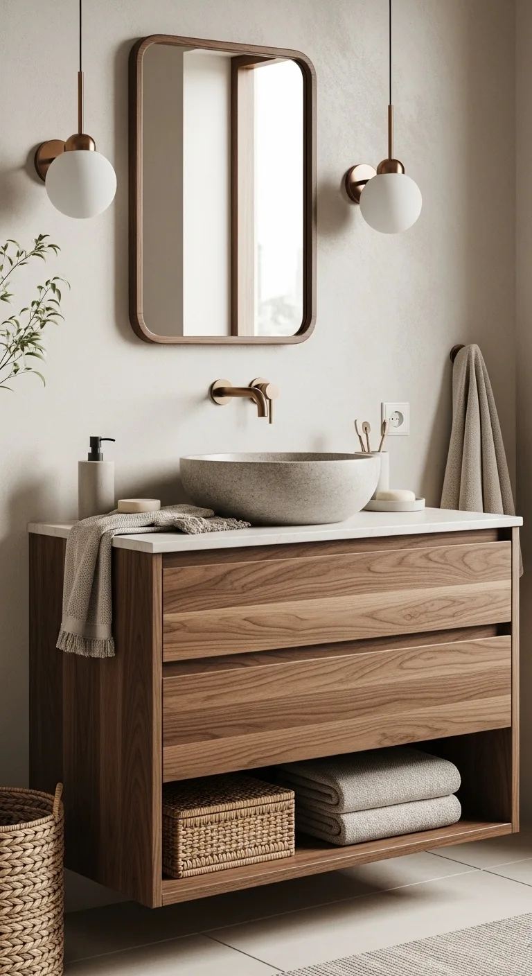 13 Minimalist Japandi Bathroom Vanity Ideas for a Zen Feel 15 Japandi Bathroom Vanity with Mixed Material Harmony