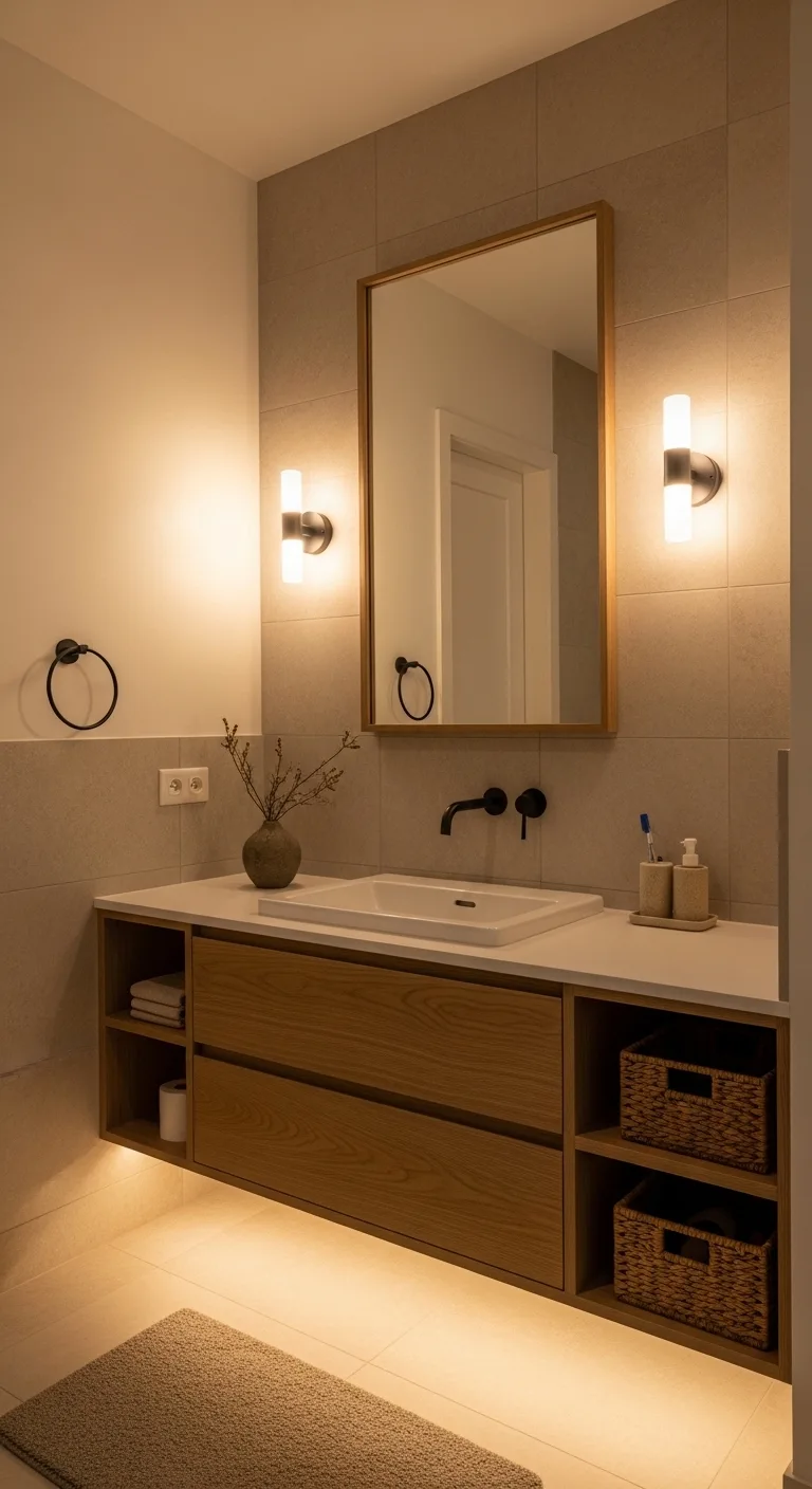 13 Minimalist Japandi Bathroom Vanity Ideas for a Zen Feel 14 Japandi Bathroom Vanity with Soft Ambient Lighting