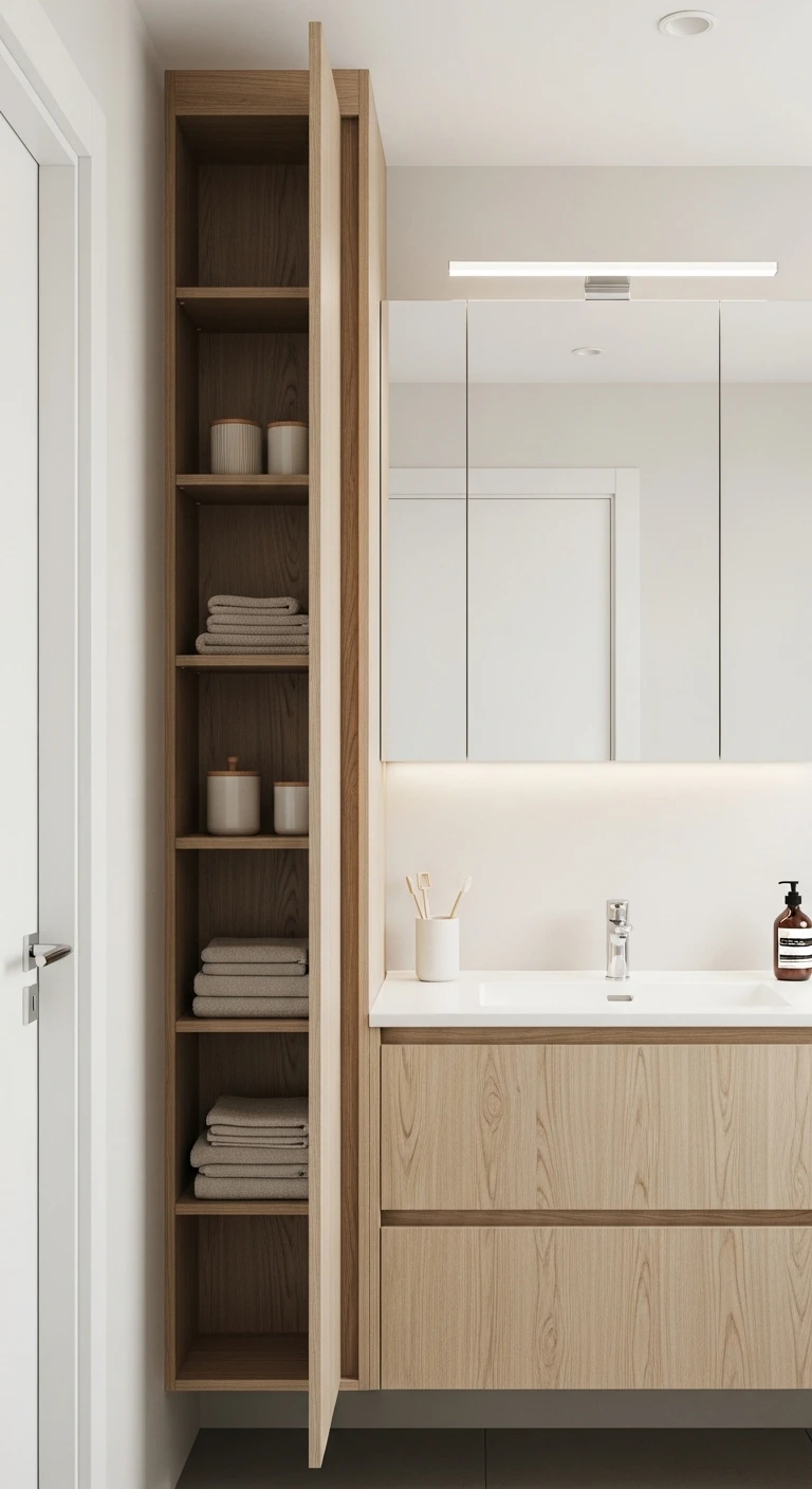 13 Minimalist Japandi Bathroom Vanity Ideas for a Zen Feel 12 Japandi Bathroom Vanity with Vertical Storage Elegance