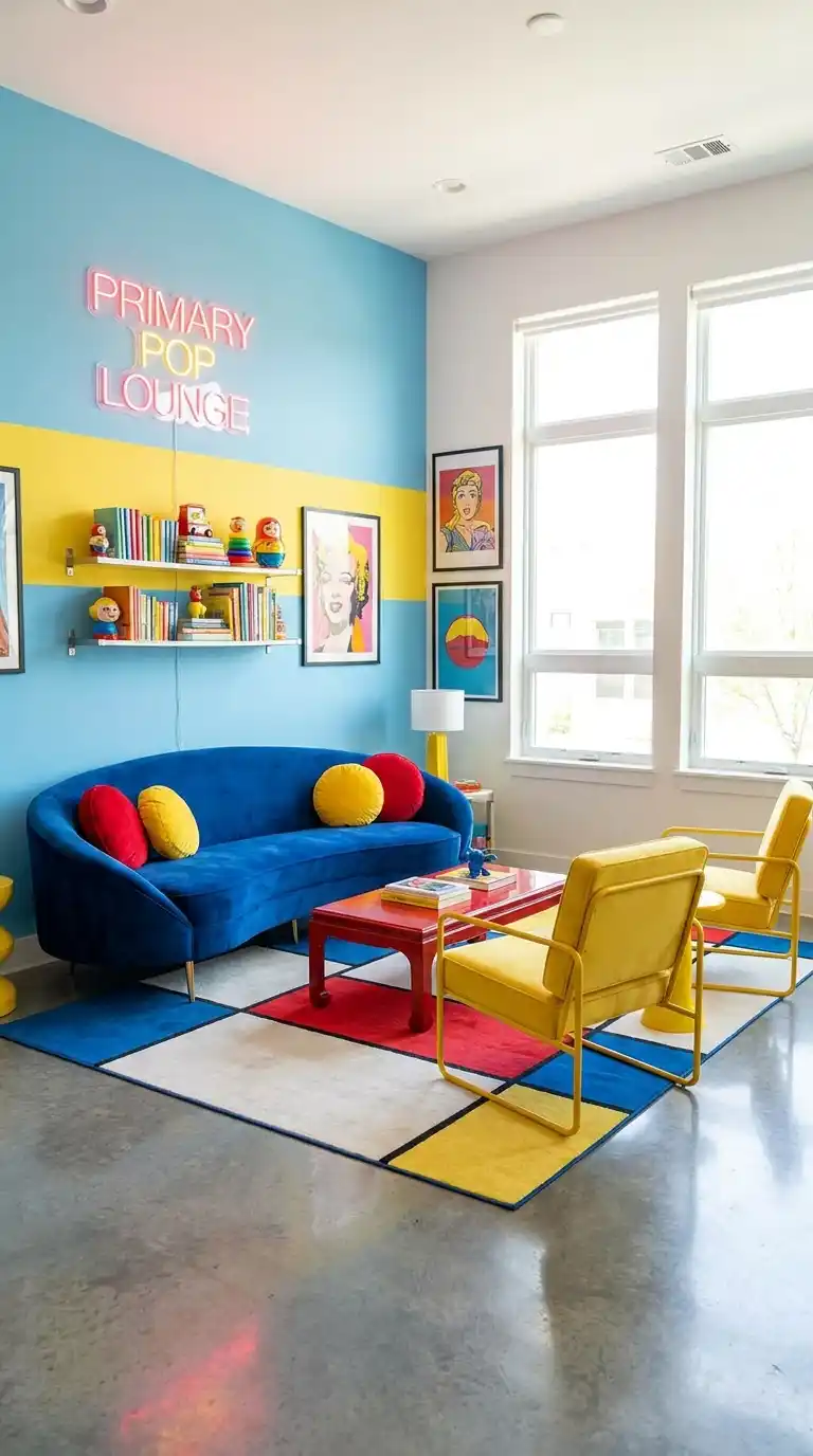 15 Maximalist Decor Colorful Living Room Tours 4 11. Primary Pop Lounge Bold Basics, Playful Mix