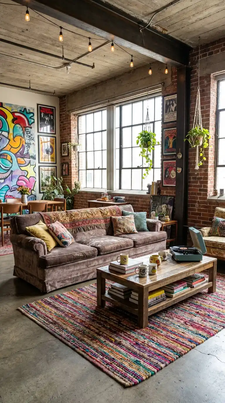 15 Maximalist Decor Colorful Living Room Tours 15 12. Edgy Vintage Loft Industrial Core, Colorful Soul
