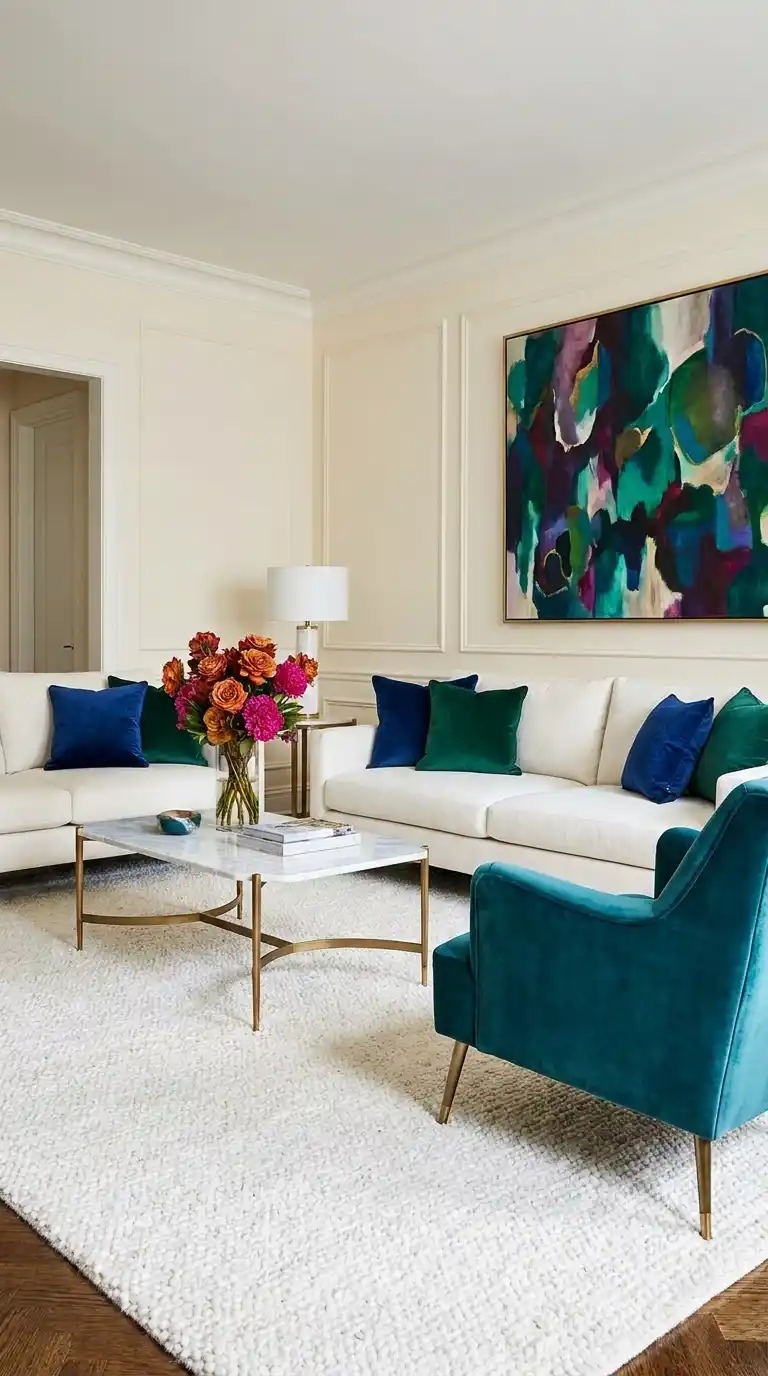 15 Maximalist Decor Colorful Living Room Tours 5 15. Luxe White With Color Accents Calm Backdrop, Bold Surprises