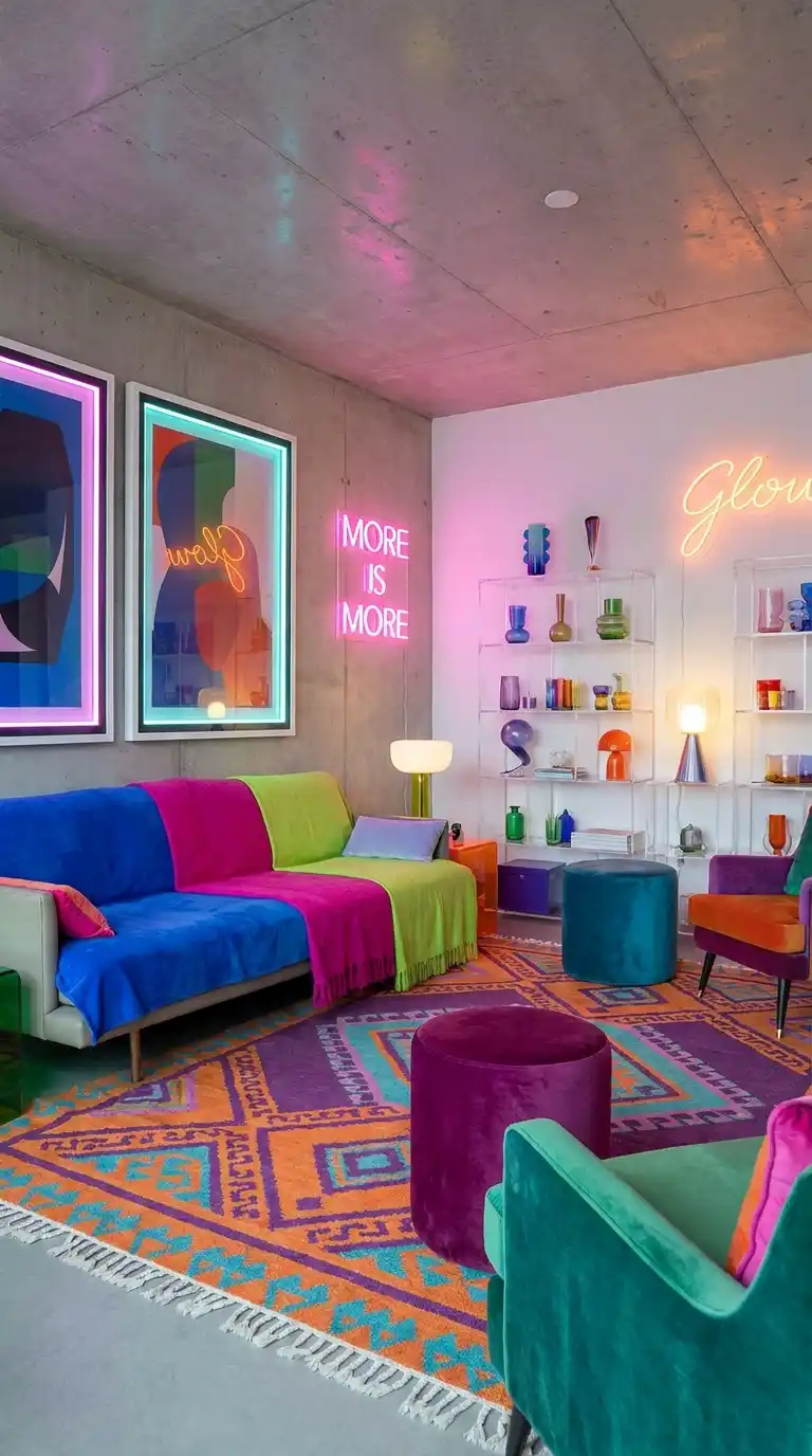 15 Maximalist Decor Colorful Living Room Tours 3 9. Neon Minimalist Meets Maximalist Statement Color Layering