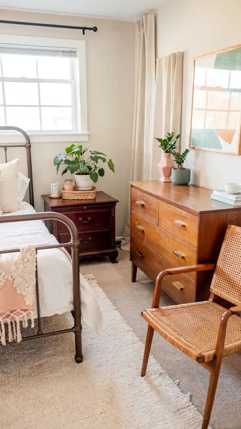 How to Decorate a Small Bedroom for a Bigger Vibe 8 Diversify Furniture, Avoid Matching Sets