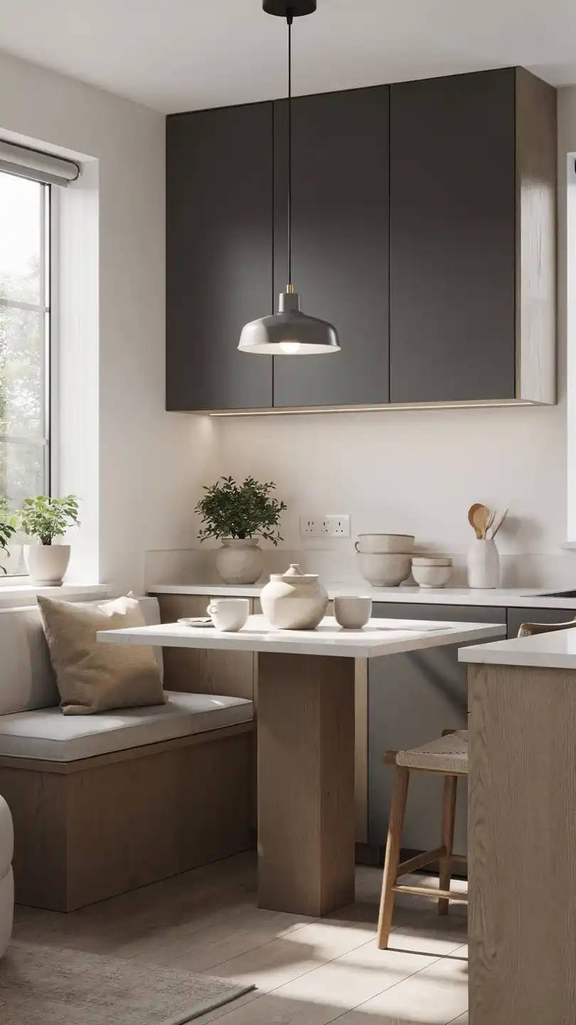 11 Decor Colors That Make a Small Space Feel Larger 11 Graphite and Warm White Kitchen Nook