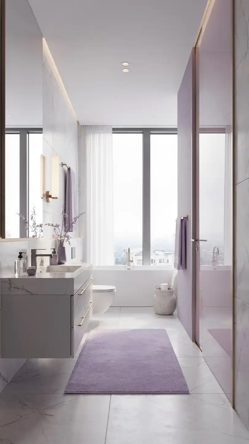 13 Subtle Ways to Use a Single Decor Color 12 Lavender Whisper Subtle Color Pop In A Modern Bath And Hall