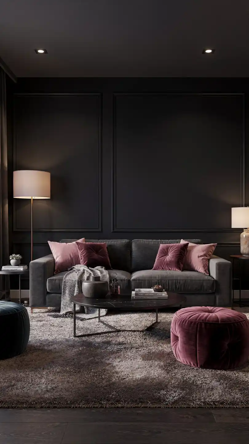 14 Living Room Decor Color Schemes for a Modern Look 12 Moody Charcoal With Soft Pink Accents