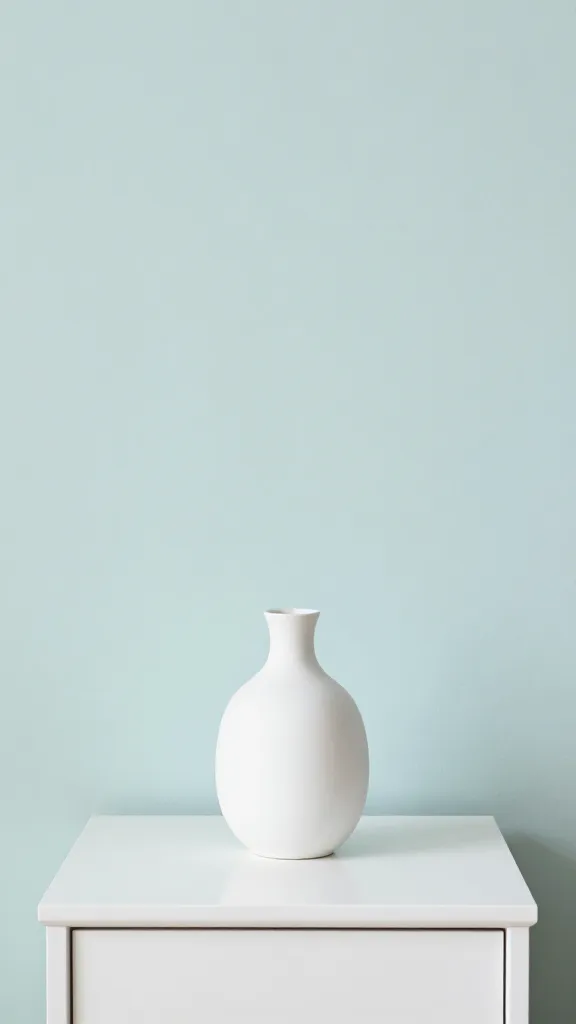 How to Decorate a Small Bedroom for a Bigger Vibe 5 Closeup of a pale blue-green wall with a single white nightstand blossom vase