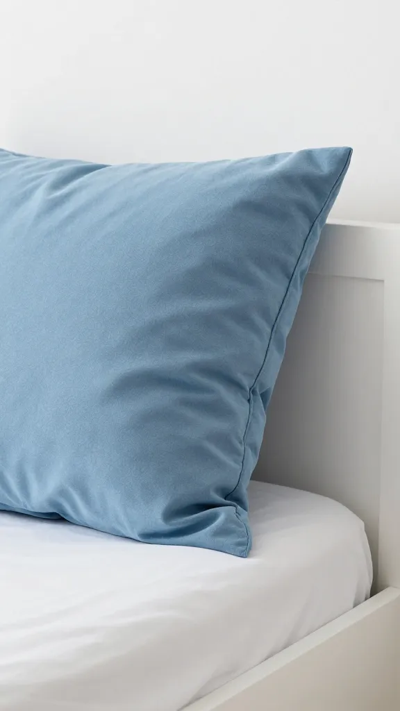 How to Decorate a Small Bedroom for a Bigger Vibe 9 Closeup of a minimal white bed frame with a single soft blue throw pillow