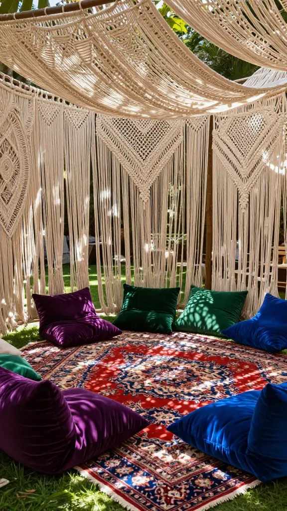 Luxury Hippie Garden Party Ideas Aesthetic: 9 Elegant Looks 3 1. Macramé Canopy Dream With Vintage Persian Rugs
