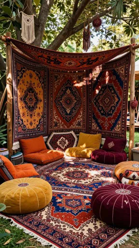6 Rustic Hippie Garden Party Ideas Outdoor 3 1. Vintage Tapestry Lounge With Floor Cushions Galore 1