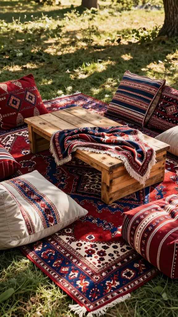 8 Boho 4th of July Ideas for a Relaxed and Earthy Patriotic Vibe 4 3. Boho Picnic Setup With Vintage Textiles