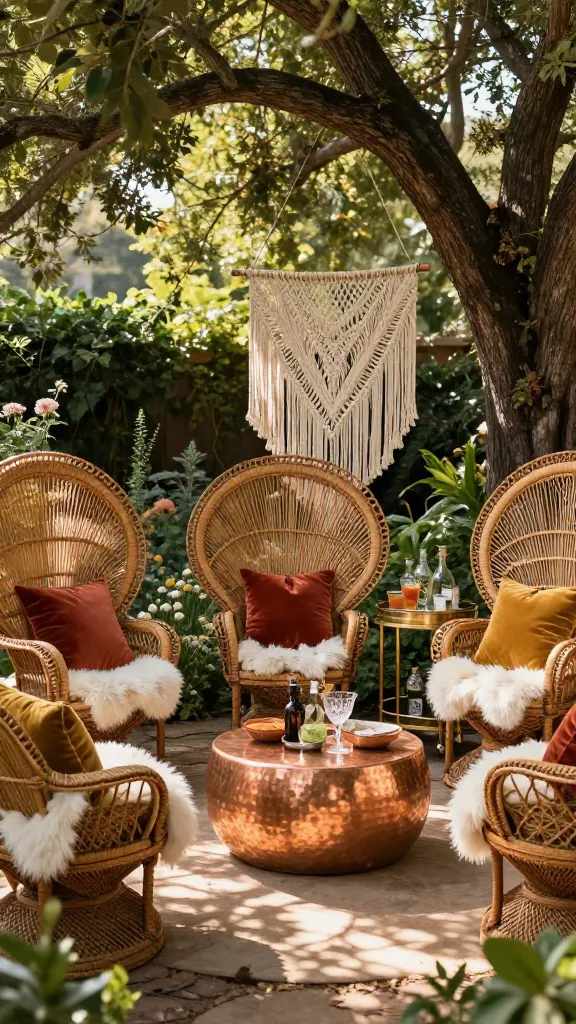 Luxury Hippie Garden Party Ideas Aesthetic: 9 Elegant Looks 5 3. Rattan Peacock Chair Lounge With Sheepskin Throws