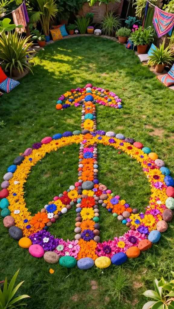7 DIY Hippie Garden Party Ideas on a Budget 6 4. Peace Sign Garden With Painted Rock Pathways