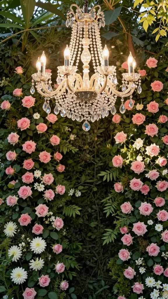 Luxury Hippie Garden Party Ideas Aesthetic: 9 Elegant Looks 8 6. Flower Wall Backdrop With Crystal Chandelier