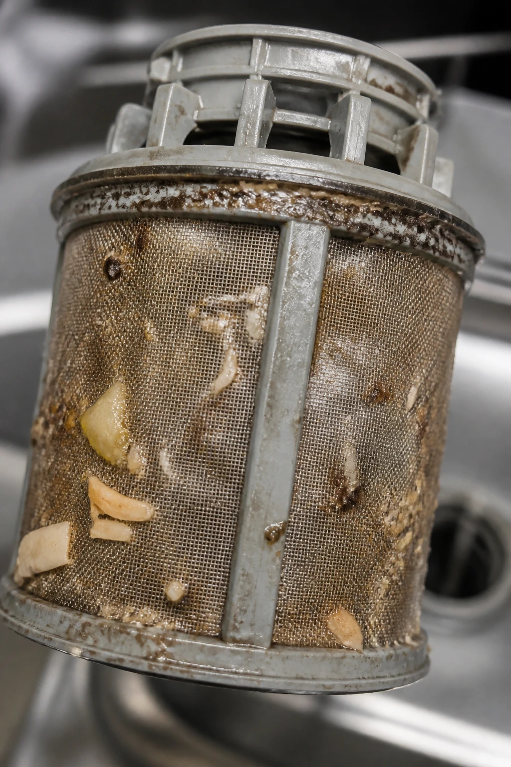 How To Clean a Dishwasher: A Step-by-Step Guide 2 Closeup of dirty cylindrical dishwasher filter with food debris
