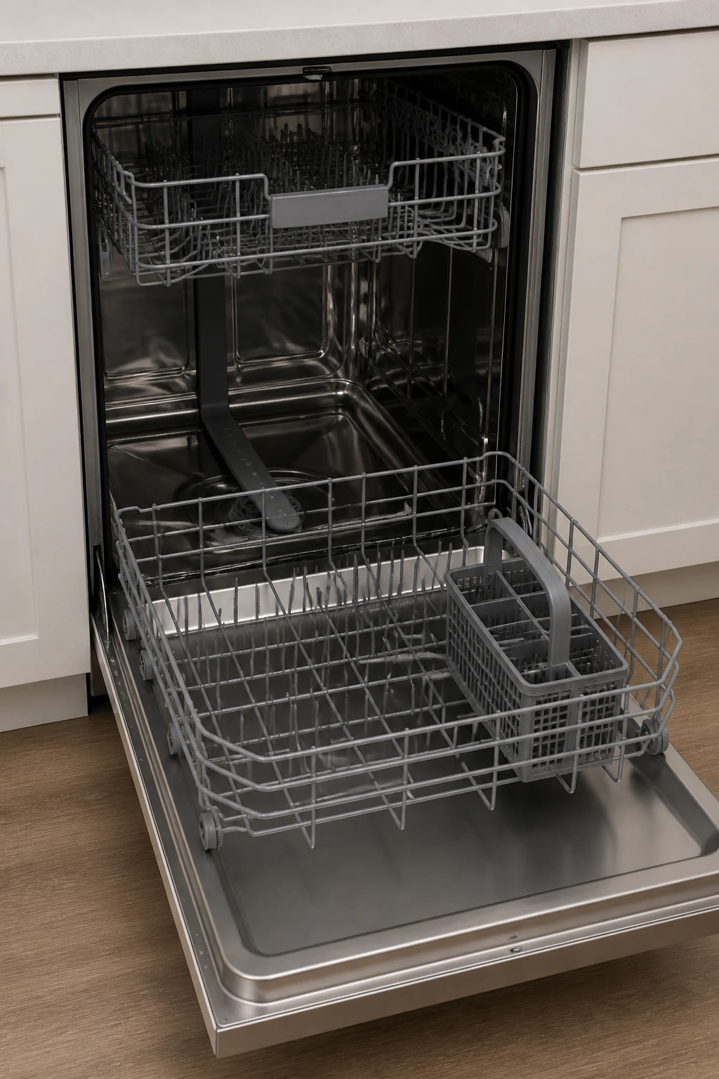 How To Clean a Dishwasher: A Step-by-Step Guide 3 Open dishwasher with bottom rack fully pulled out