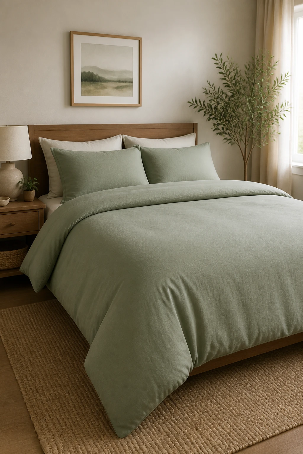 How to Choose Bedding Color (A Decorator’s Guide) 2 Neatly made bed with sage green duvet cover