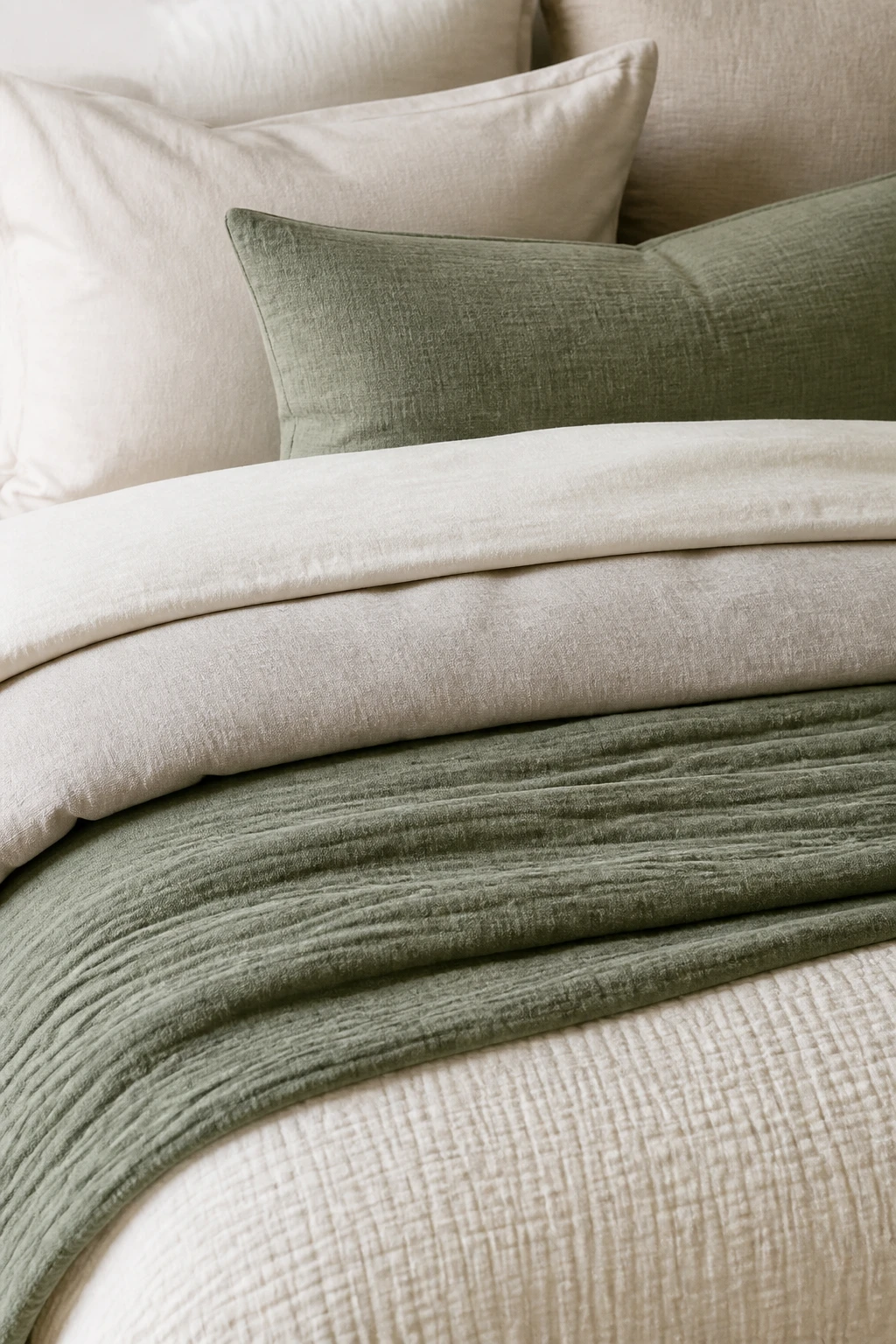 How to Choose Bedding Color (A Decorator’s Guide) 3 Closeup of layered bedding showing color proportions