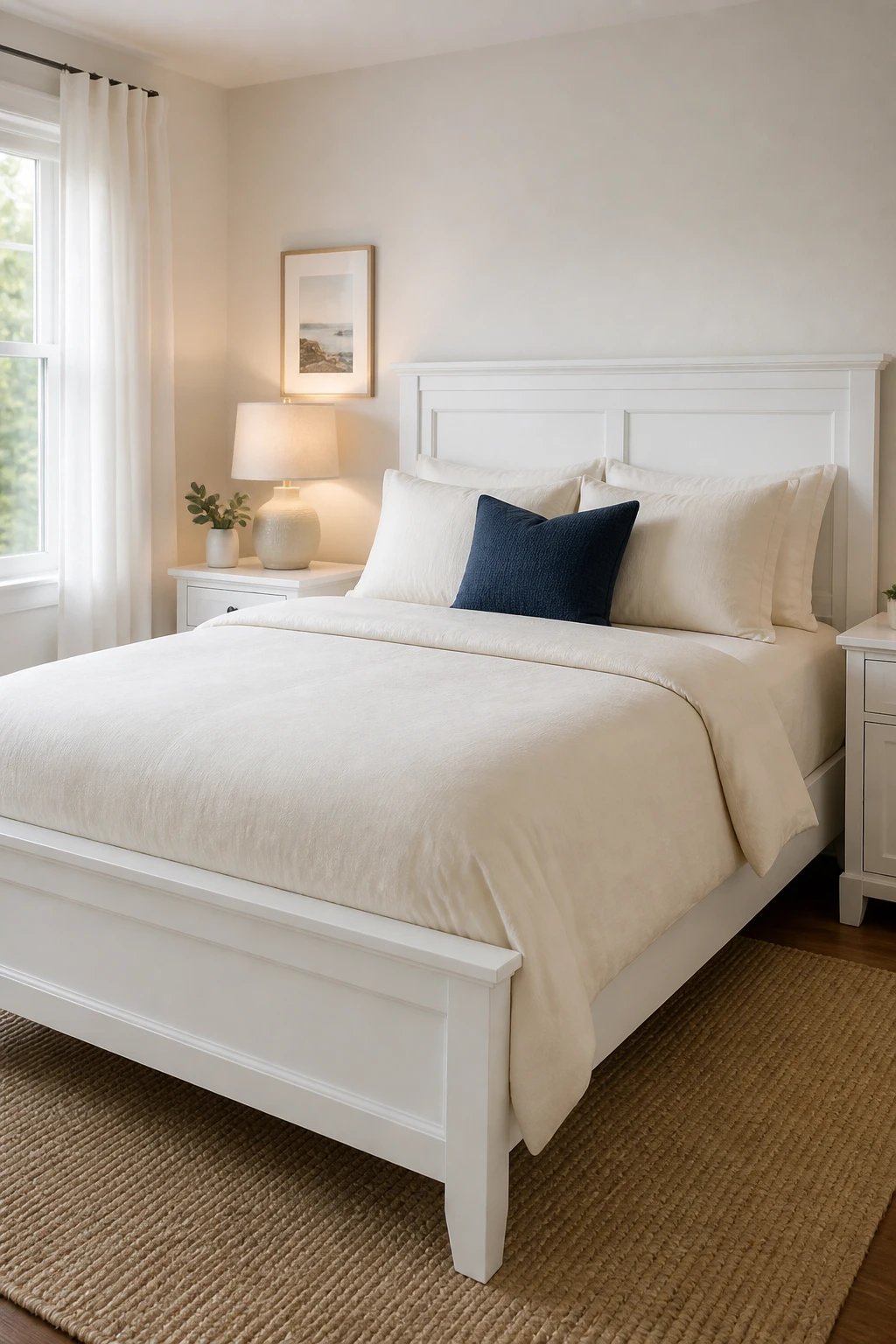 How to Choose Bedding Color (A Decorator’s Guide) 4 White bed with cream sheets and navy accent pillow