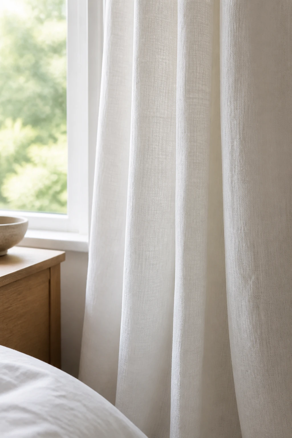 How to Choose Curtains for Bedroom: Fabric, Length & Style Guide 2 Closeup of white linen curtains hanging beside bedroom window