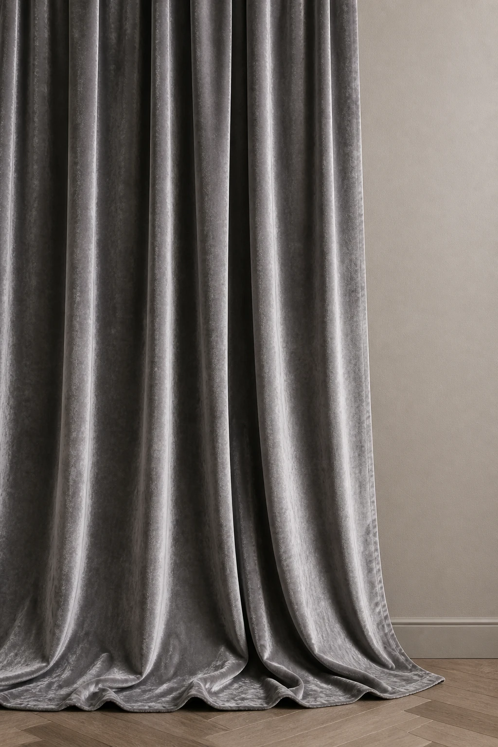 How to Choose Curtains for Bedroom: Fabric, Length & Style Guide 3 Flowing gray velvet curtain panel against neutral wall