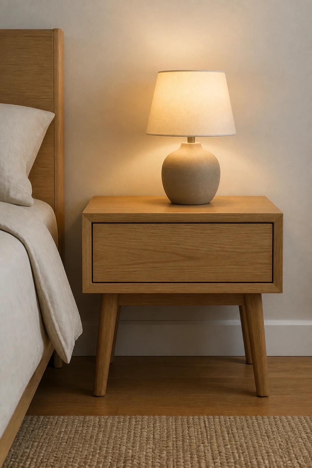 How to Create a Cozy Bedroom for Better Sleep 3 Minimalist wooden nightstand with single lamp