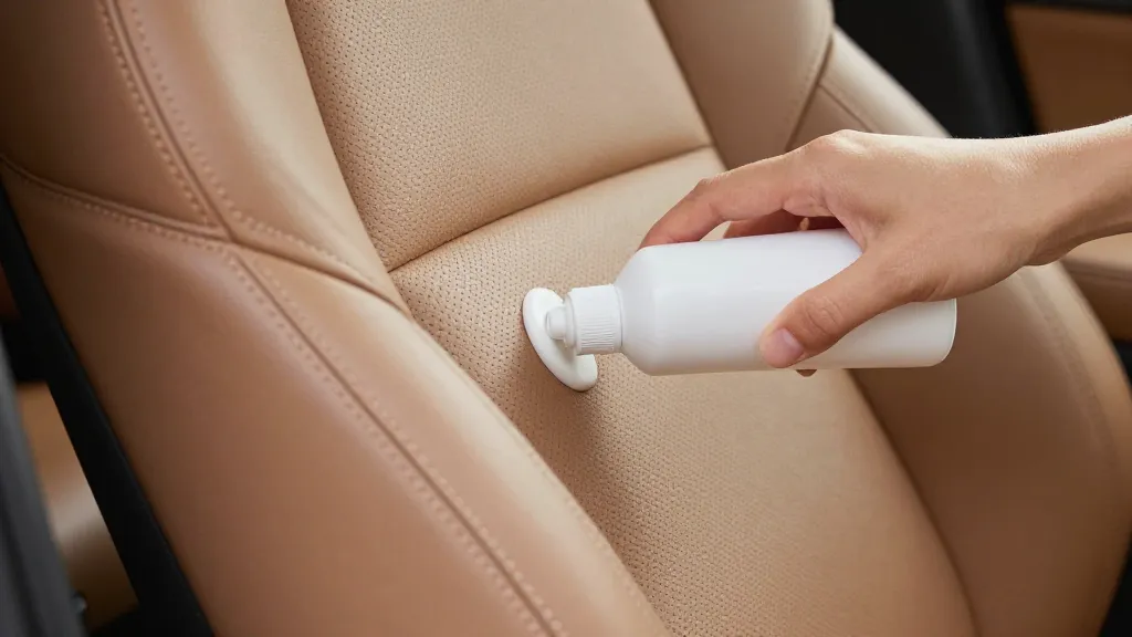 How to Clean Leather Car Seats Like a Pro 3 Hand applying white leather conditioner to tan car seat