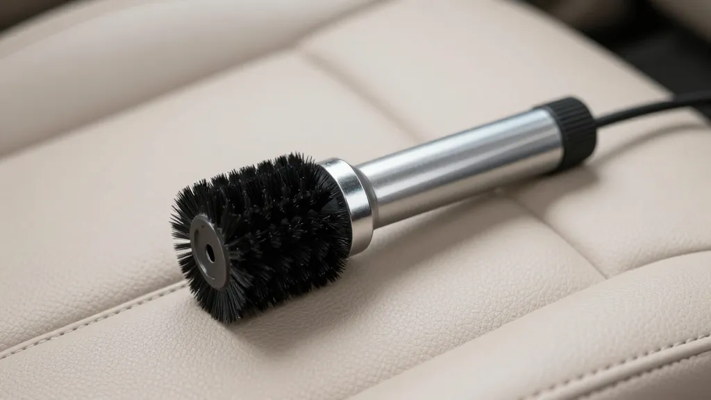 How to Clean Leather Car Seats Like a Pro 4 Vacuum brush attachment on beige leather automotive upholstery