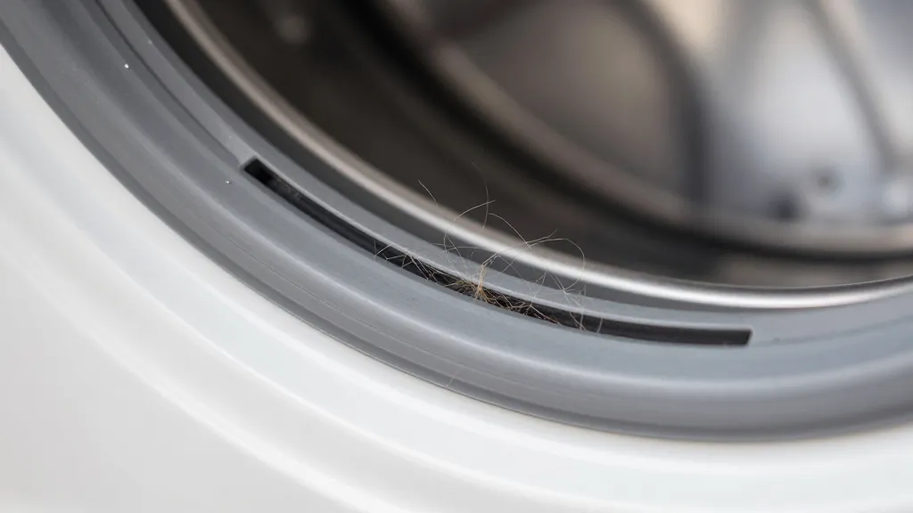 How to Clean Dog Hair From Washing Machine Fast 2 Closeup of dog hair trapped in washing machine rubber door seal