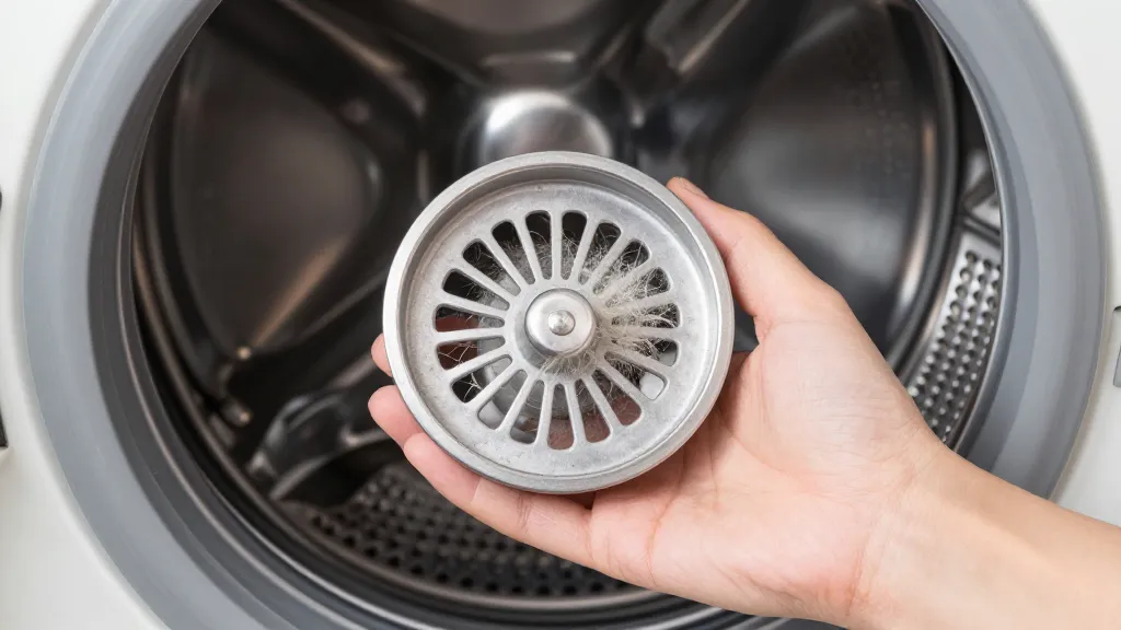 How to Clean Dog Hair From Washing Machine Fast 4 Hand holding clogged washing machine lint filter with dog fur