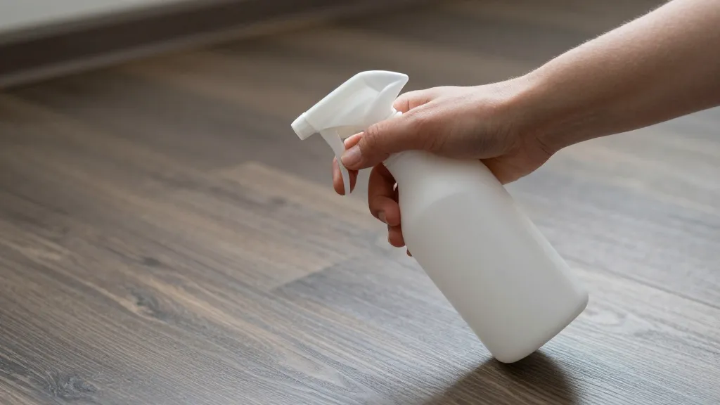 How to Clean Vinyl Floors Without Ruining Them 3 Person's hand holding spray bottle over vinyl floor