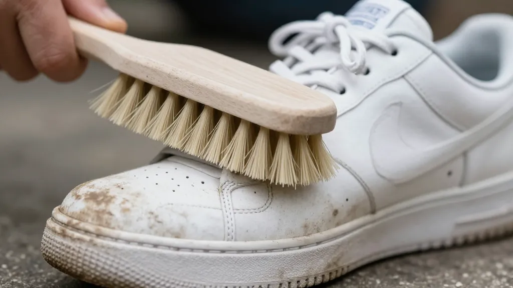 How to Clean White Shoes Like New in 10 Minutes 2 Closeup of dirty white sneaker being scrubbed with brush