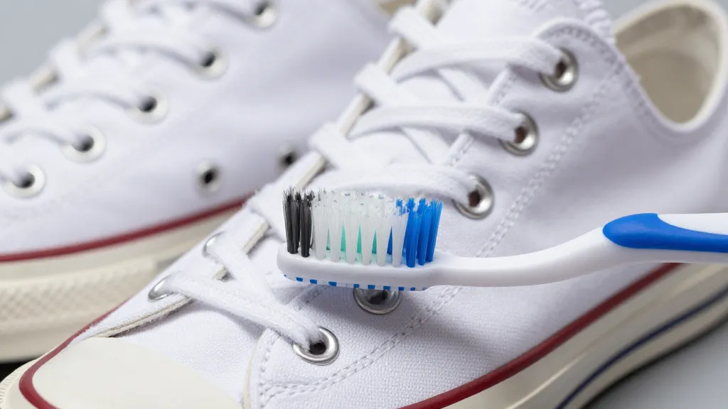 How to Clean Converse Shoes Like They're Brand New 2 Closeup of white Converse sneaker being scrubbed with toothbrush